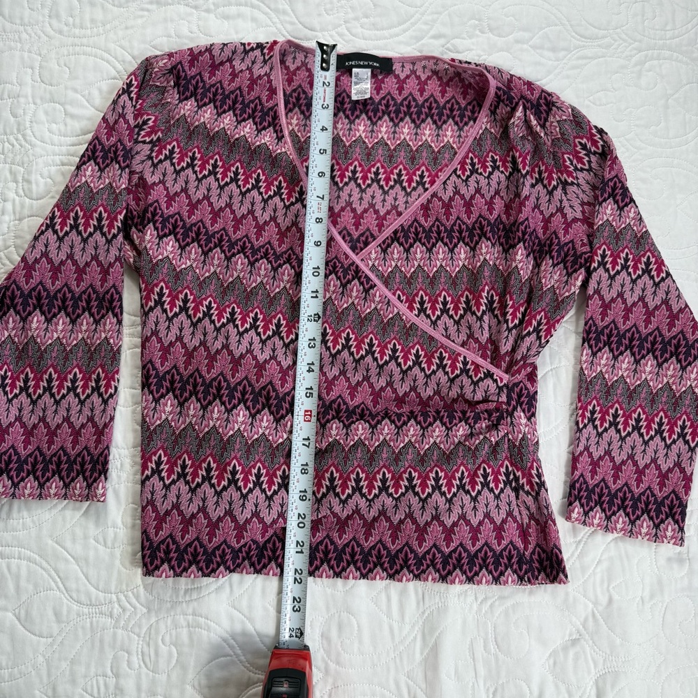 Jones New York Pink Retro V-Neck Faux-Wrap Long Sleeve Blouse Women's Large EUC - Picture 5 of 7